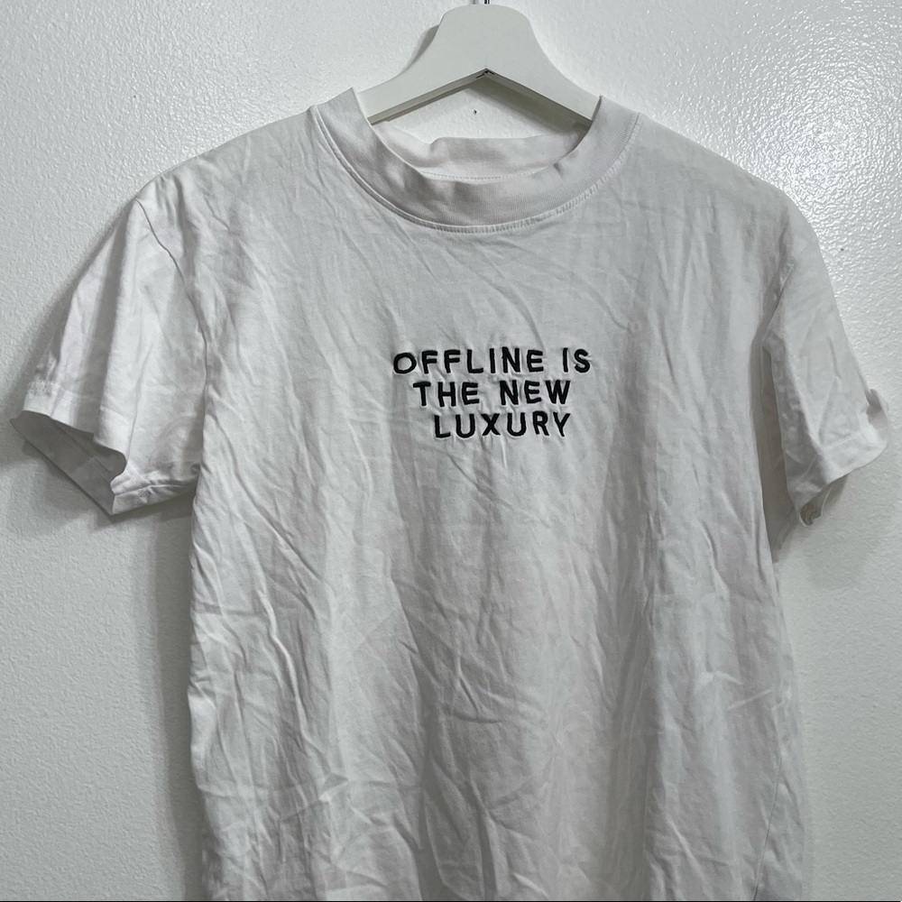 White T-shirt with embroidery OFFLINE IS A NEW LUXURY